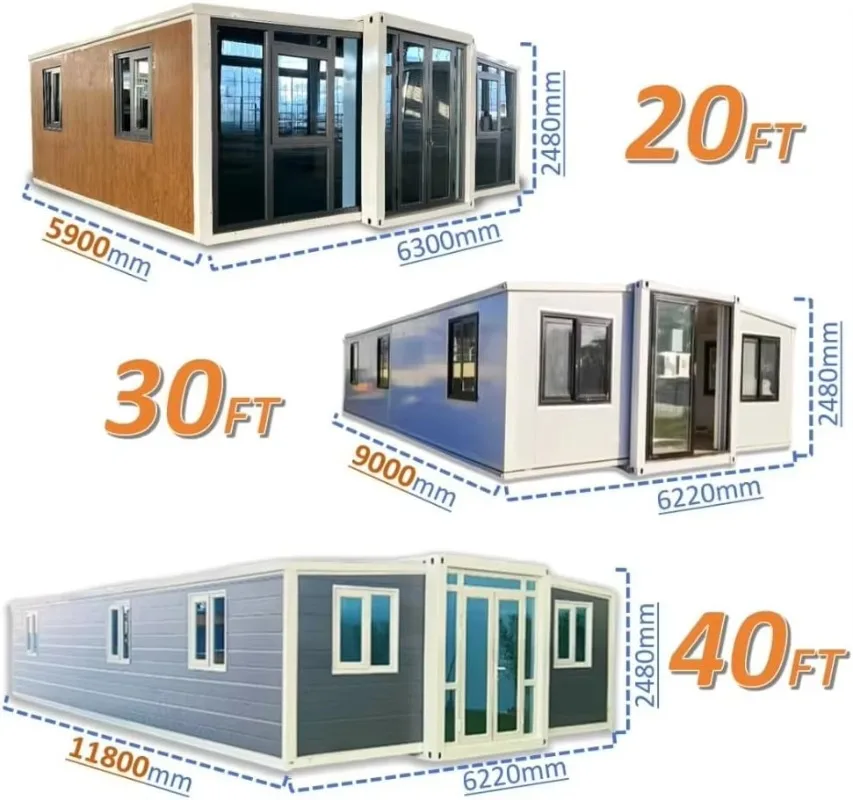 فيلا متنقلة بطول 40 قدمًا، عائلة صغيرة مسبقة الصنع قابلة للتوسيع، 2-3 غرفة نوم، منزل حاوية، هيكل فولاذي مجهز بالكامل، حديث