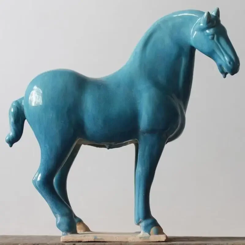 Chinese Tang Dynasty Tri colored Green Glazed War Horse,Craft ornaments,H:26CM