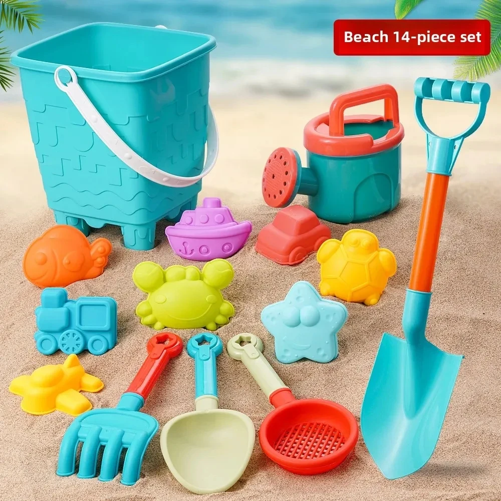 

Children's summer beach toy set, sand digging tools, plastic buckets, water spray bottles, shovels, beach water play tool toys