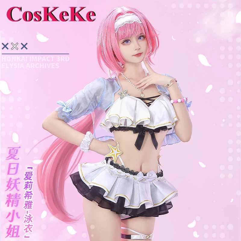 CosKeKe Elysia Cosplay Anime Game Honkai Impact 3 Costume Lovely Sweet Summer Beach Swimsuit Women Party Role Play Clothing S-XL