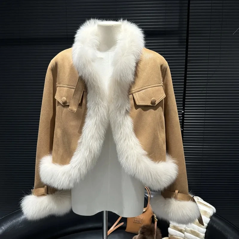 Splicing Environmentally friendly Fox fur grass Coat Autumn Winter 2026 Fashion Temperament Slim Short Coats Women's Warm Parkas