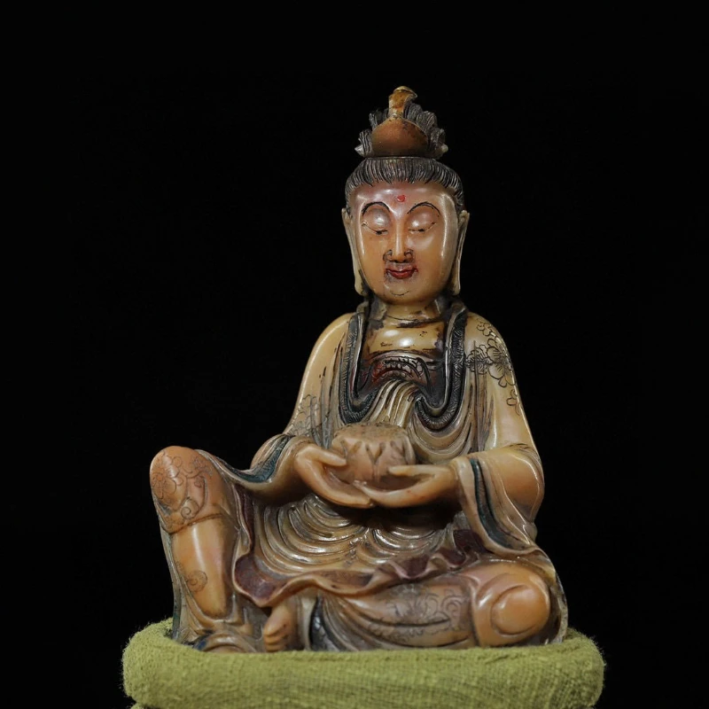 

Shoushan stone hand-carved Guanyin Buddha statue ornament, 7.5 cm long, 5 cm wide and 9.6 cm high