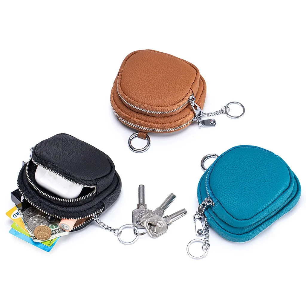 Genuine Leather Coin Purse Double Zipper Top Grain Leather Purse Multi Function Coin Purse Premium Earbud Storage Bag For Key