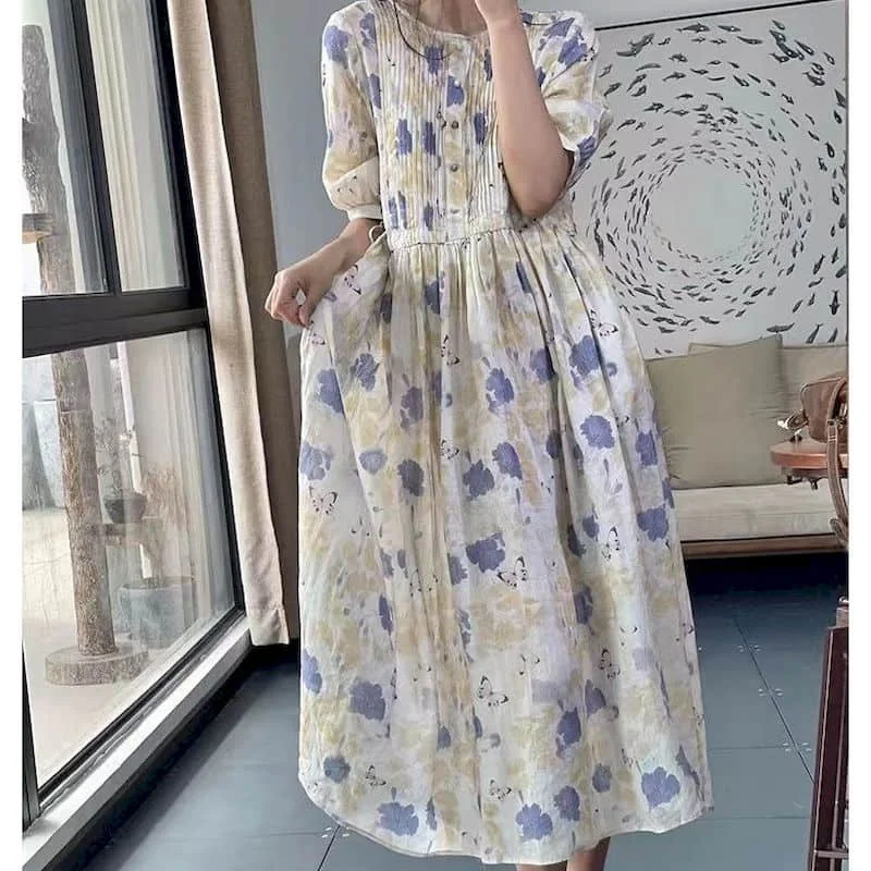 Women Dress Oversized Vintage Organ Folds Half Sleeve A-line Loose Korean Fashion Large Size Mid-Calf Dress for Women Clothing