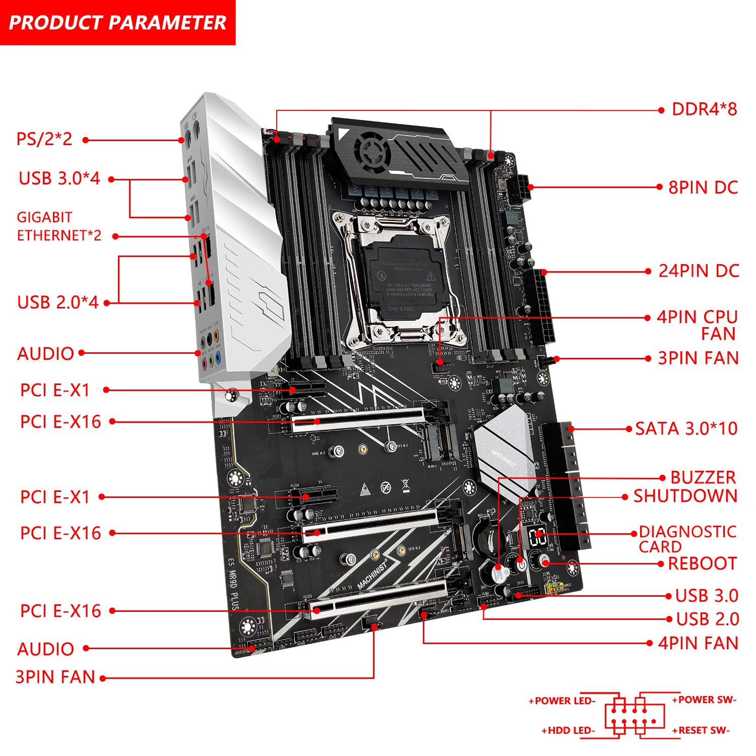 MACHINIST X99 Conjunto de placa-mãe LGA 2011-3 Kit Xeon E5 2697 V4 CPU com 8 slots 64GB DDR4 ECC 2133MHZ Memória NVME SATA M.2 ATX MR9D