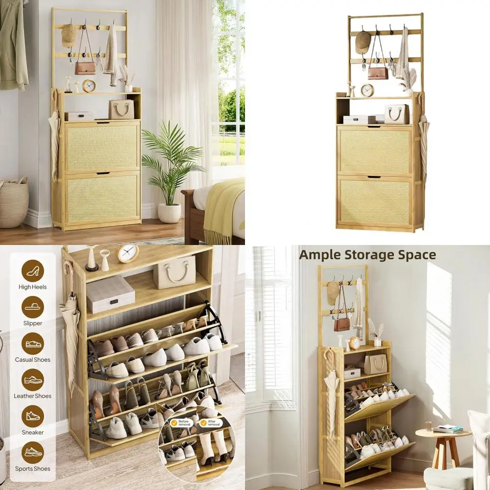 

Полка для обуви из натурального бамбука с ящиками из ротанга и крючками для одежды для хранения в прихожей, прихожей и гостиной