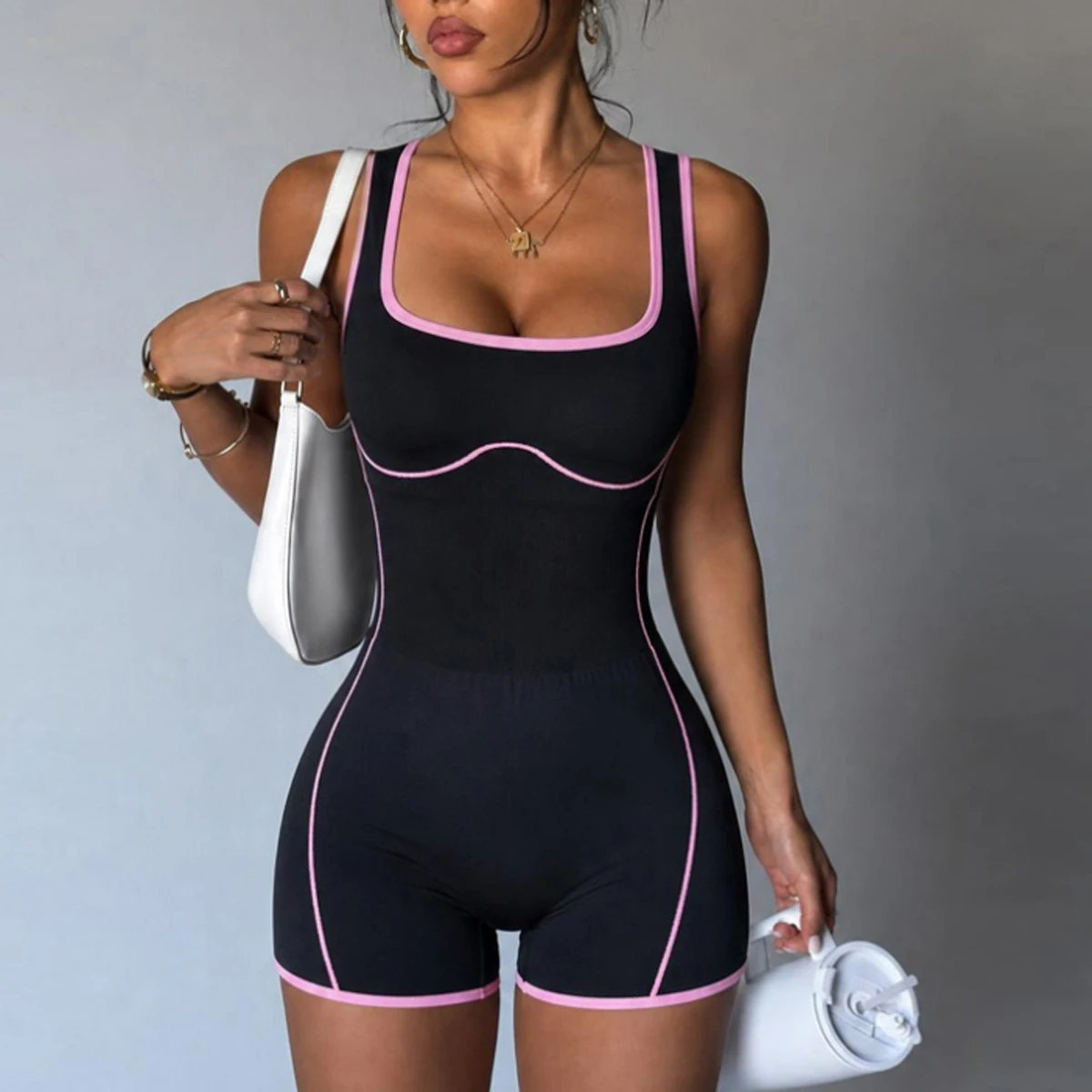 Women One Piece Yoga Shorts Jumpsuit Low Back Sleeveless Workout Bodysuit Butt Lifting Gym Fitness Romper Sportswear