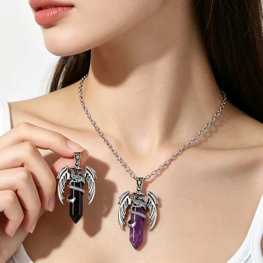 Vintage Animal Dragon Pendant Necklace Pink Quartz Hexagonal Crystal Unisex Neck Jewelry Party Holiday Gift for Men Women