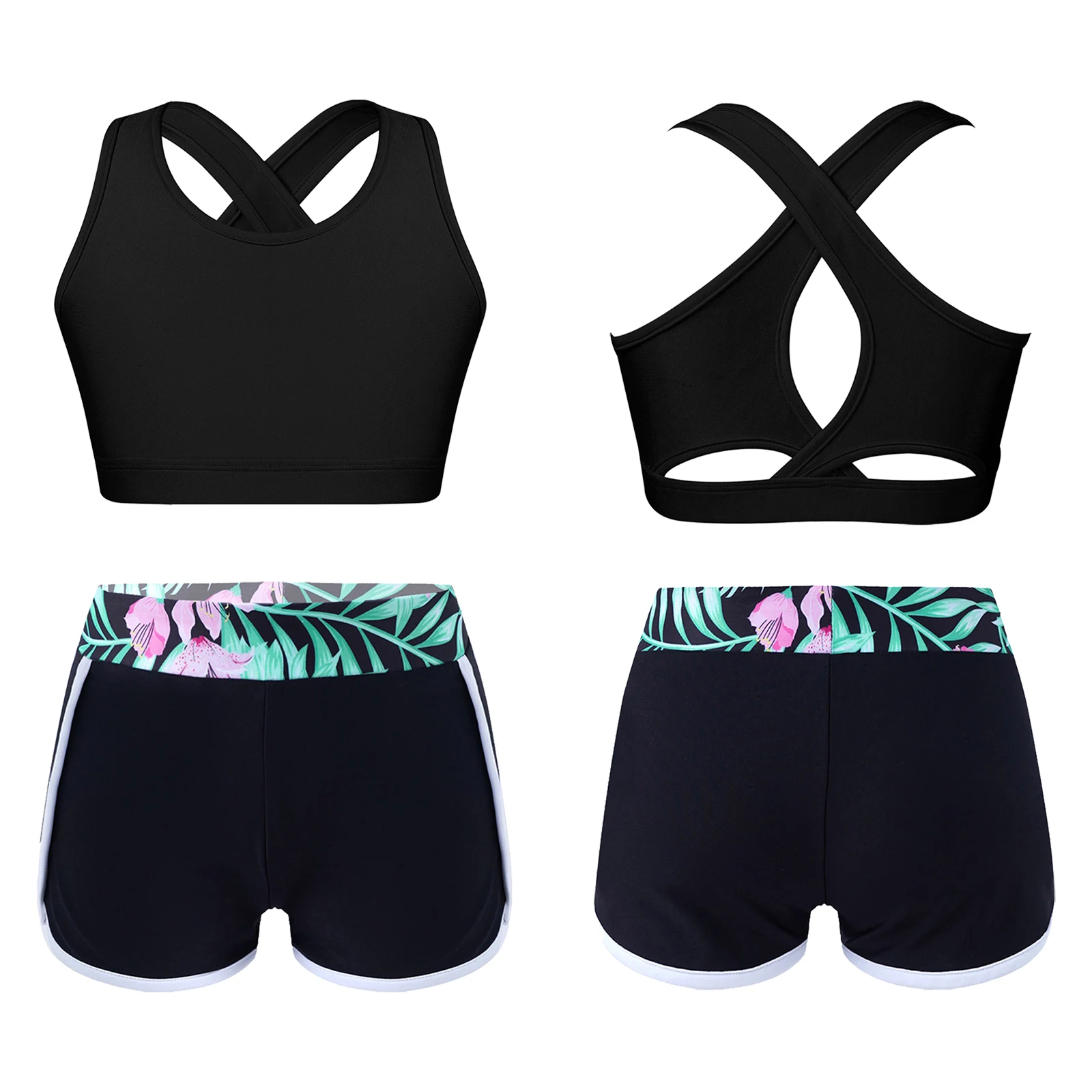 Kids Girls U Neck Shoulder Straps Cross Tank Top with Sport Shorts for Swimming Dance Yoga Set Running Gym Workout