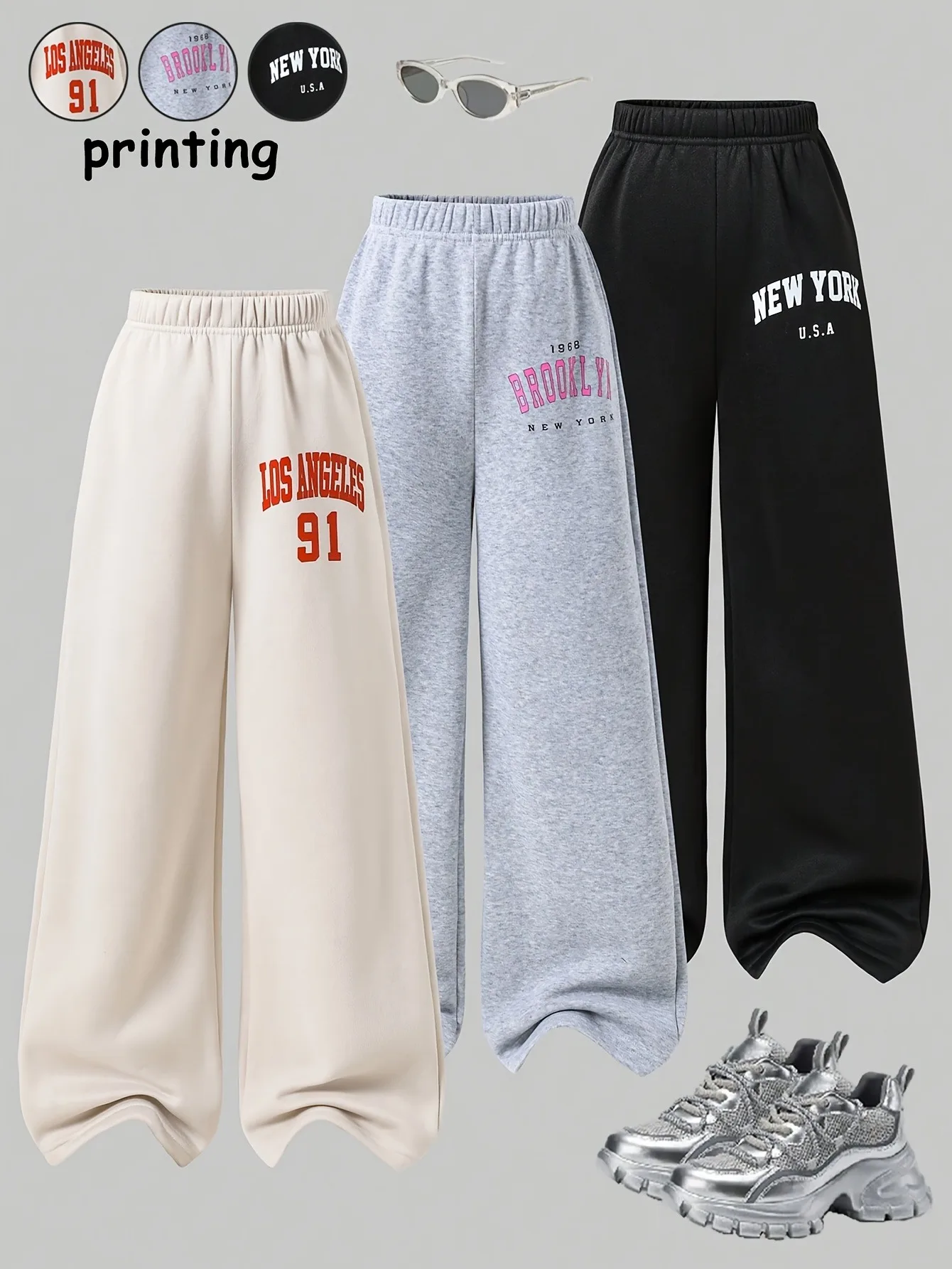 Comfy Kids 3er-Pack Freizeithosen, New York Brooklyn Los Angeles Buchstaben-Print, lockere Hose mit weitem Bein für Schule und Outdoor