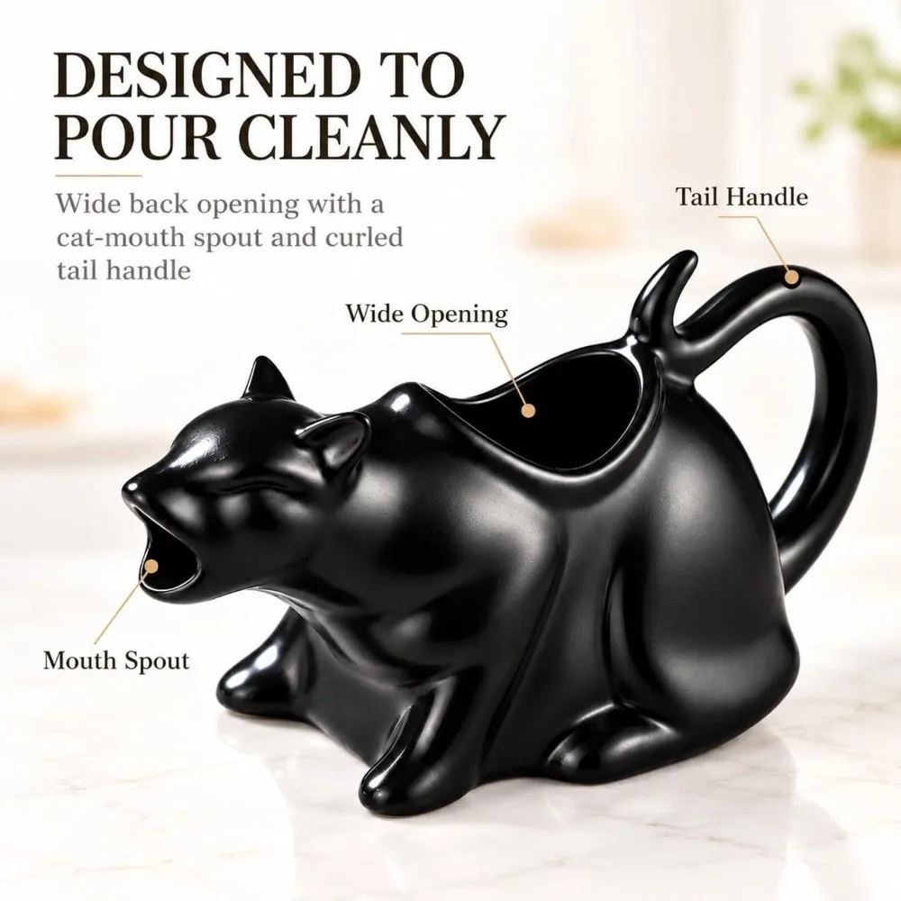 Animal Sculpture Ceramic Cat Gravy Pitcher Mouth Pouring Port Curved Tail Handle Condiment Pitcher Boat Cartoon Novelty