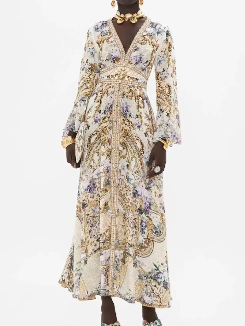 

Women's Flower Printed Maxi Dress 100% Silk Beaded V-Neck Long Sleeve Holiday Robe