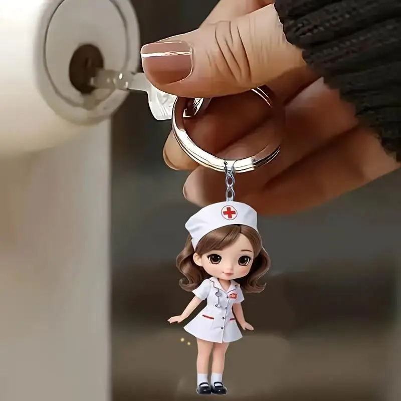 Cartoon Nurse Doctor Acrylic Keychain 2D Flat Figurine Pendant Portable Key Ring For Backpack Bag Gift For Worker Couple Supply view 2