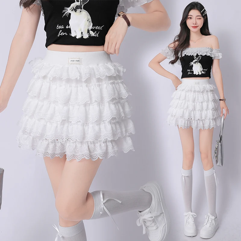 Jupe gâteau douce française élégante pour femmes, jupe courte d'été en dentelle à volants, taille haute, ligne A, Y2K, Chic coréen, mignonne, Slim