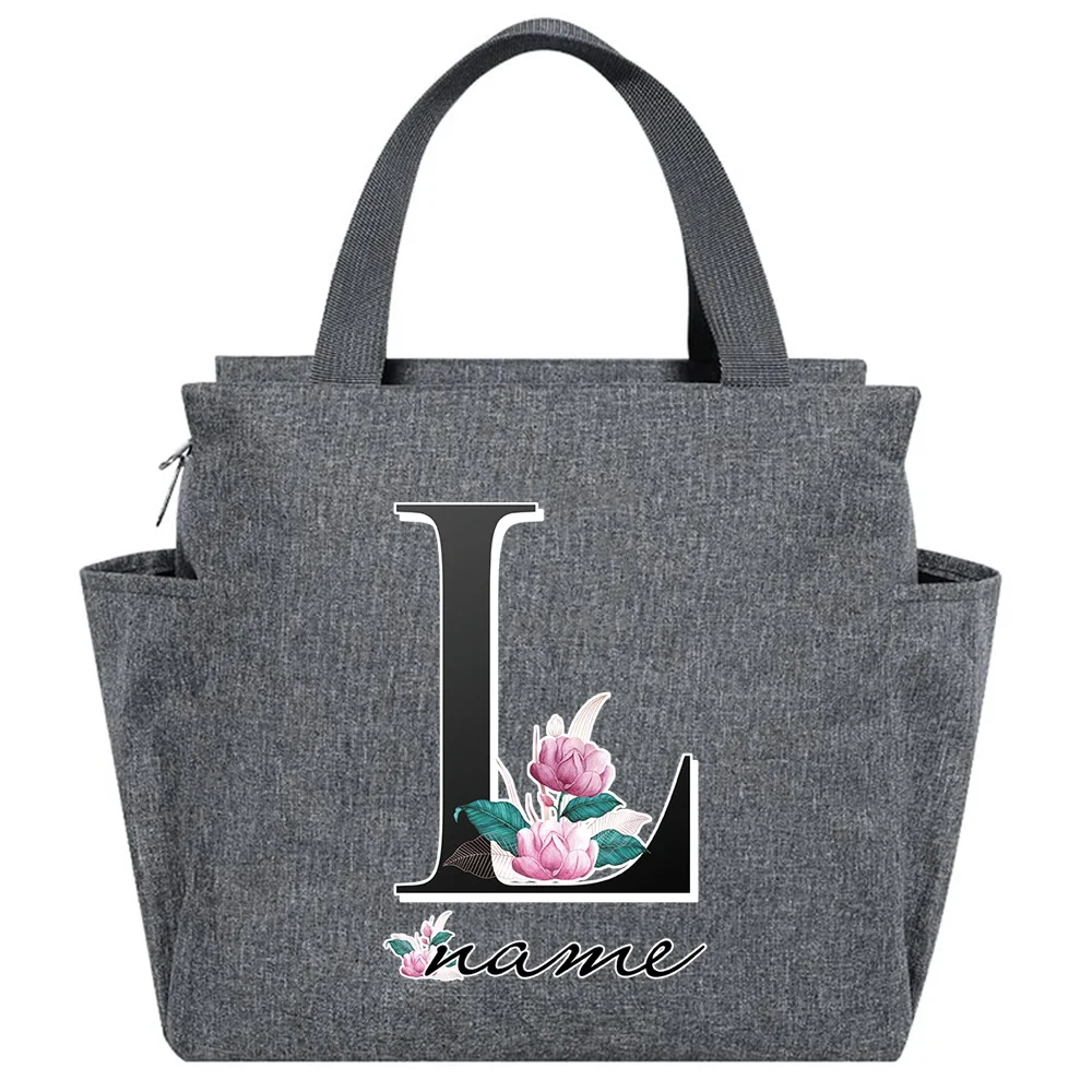 Customized Name Black Letter Lunch Bag Insulated Thermal Canvas Handbag Picnic Unisex Travel Lunch Box Portable Food Tote Bags