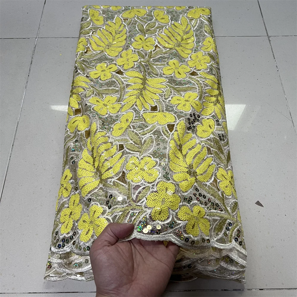 

African Nigerian 2025 Latest High Quality With Tulle Sewing Lace Fabric Guipure Embroidery Dresses Sequins Beads 5Yards ZJ114