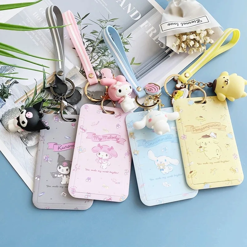 Kawaii Sanrio Cinnamoroll My Melody Anime Keychain Pendant Purin Dog Cat Cute Card Holder Plastic Lanyard Card Holders for Girl