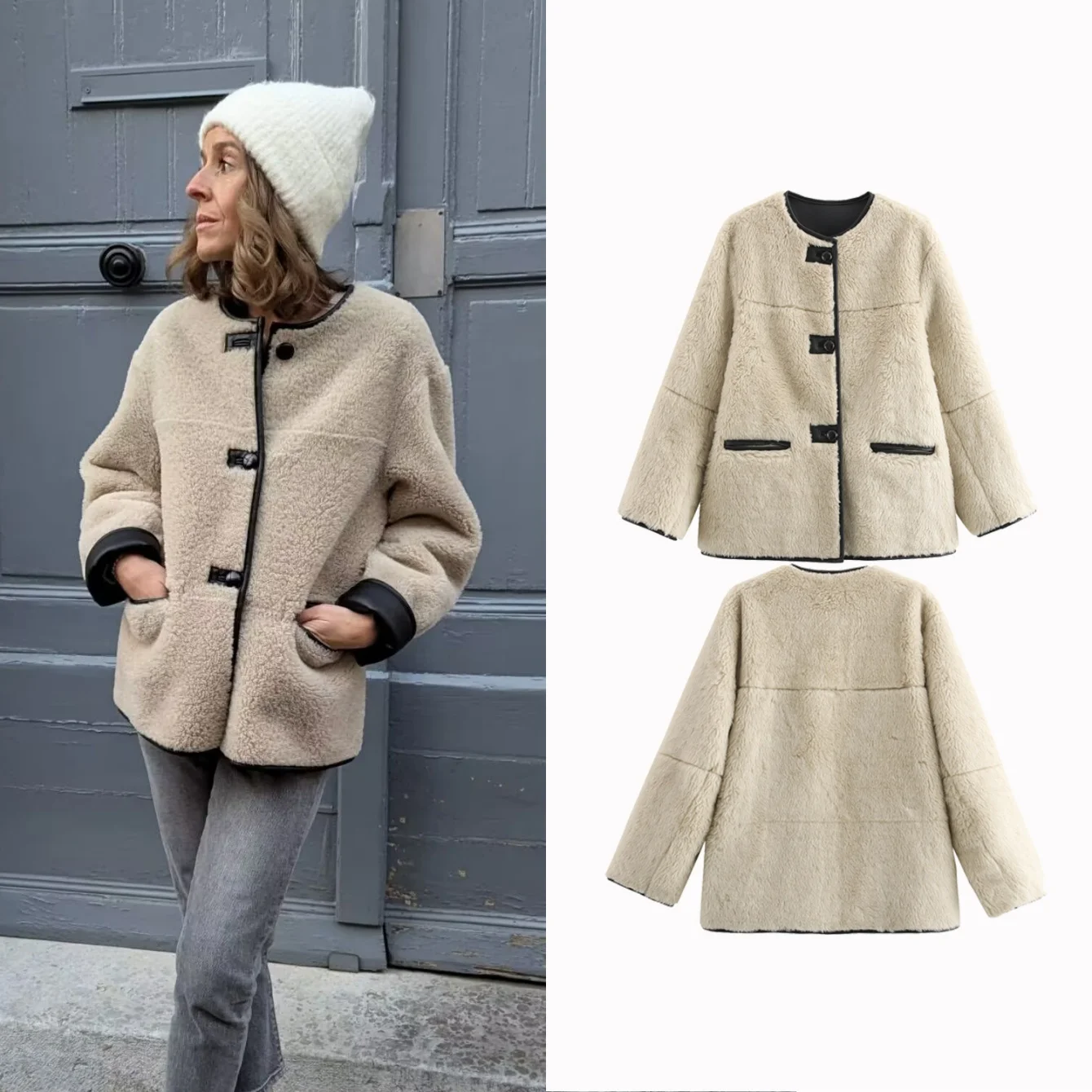 

2025 Autumn Women's Faux Wool Warm Loose Jacket Retro Round Neck Single Breasted Double Pocket Casual Short Outerwear