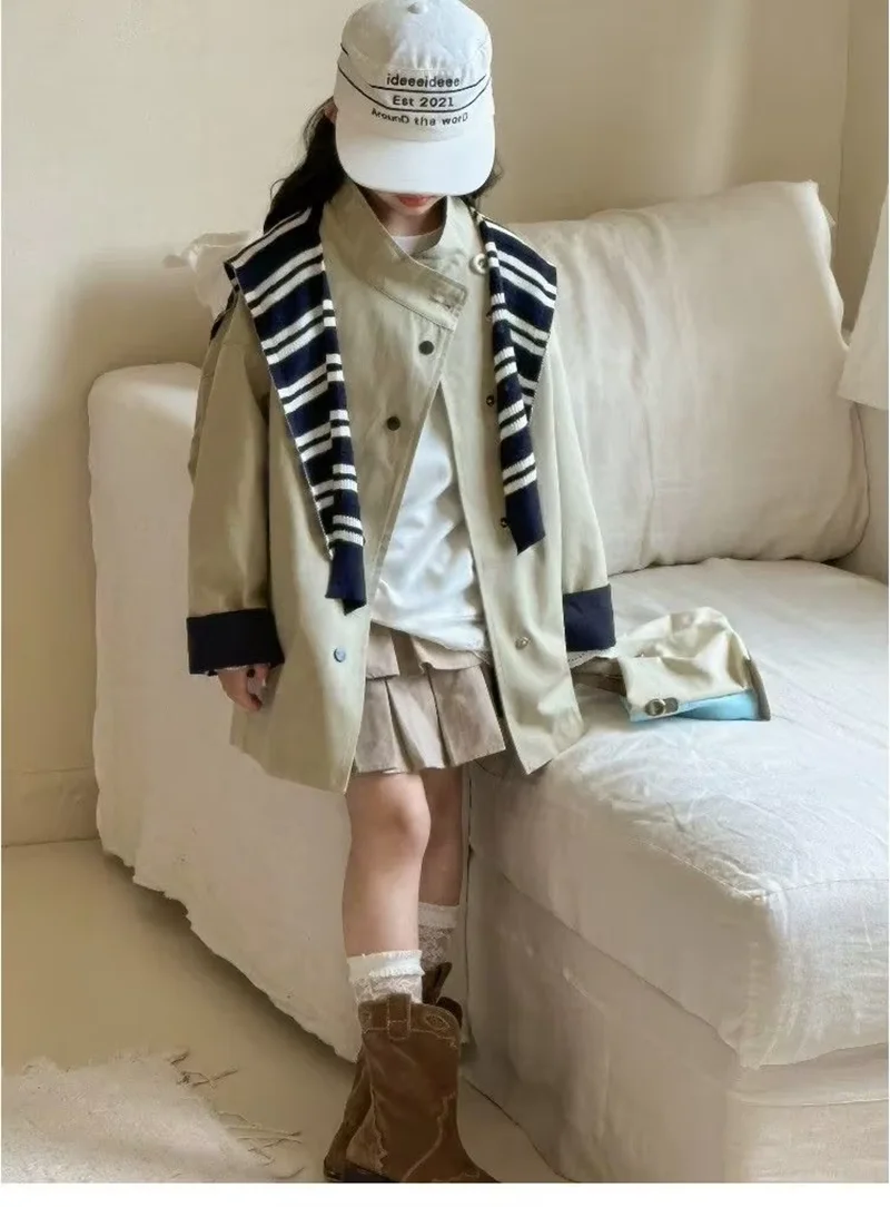 Girls' Khaki Trench Coat Spring And Autumn 2026 New Children's Windbreaker Plaid Lining Fashionable Jacket Outerwear