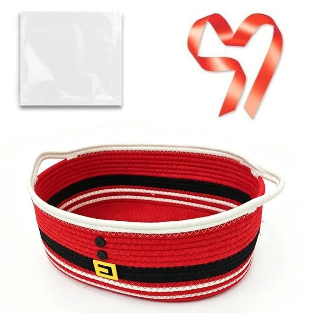 Cotton Rope Christmas Woven Storage Basket Ribbon Trim Braided Christmas Gift Basket Santa Claus Snack Storage Basket Storage