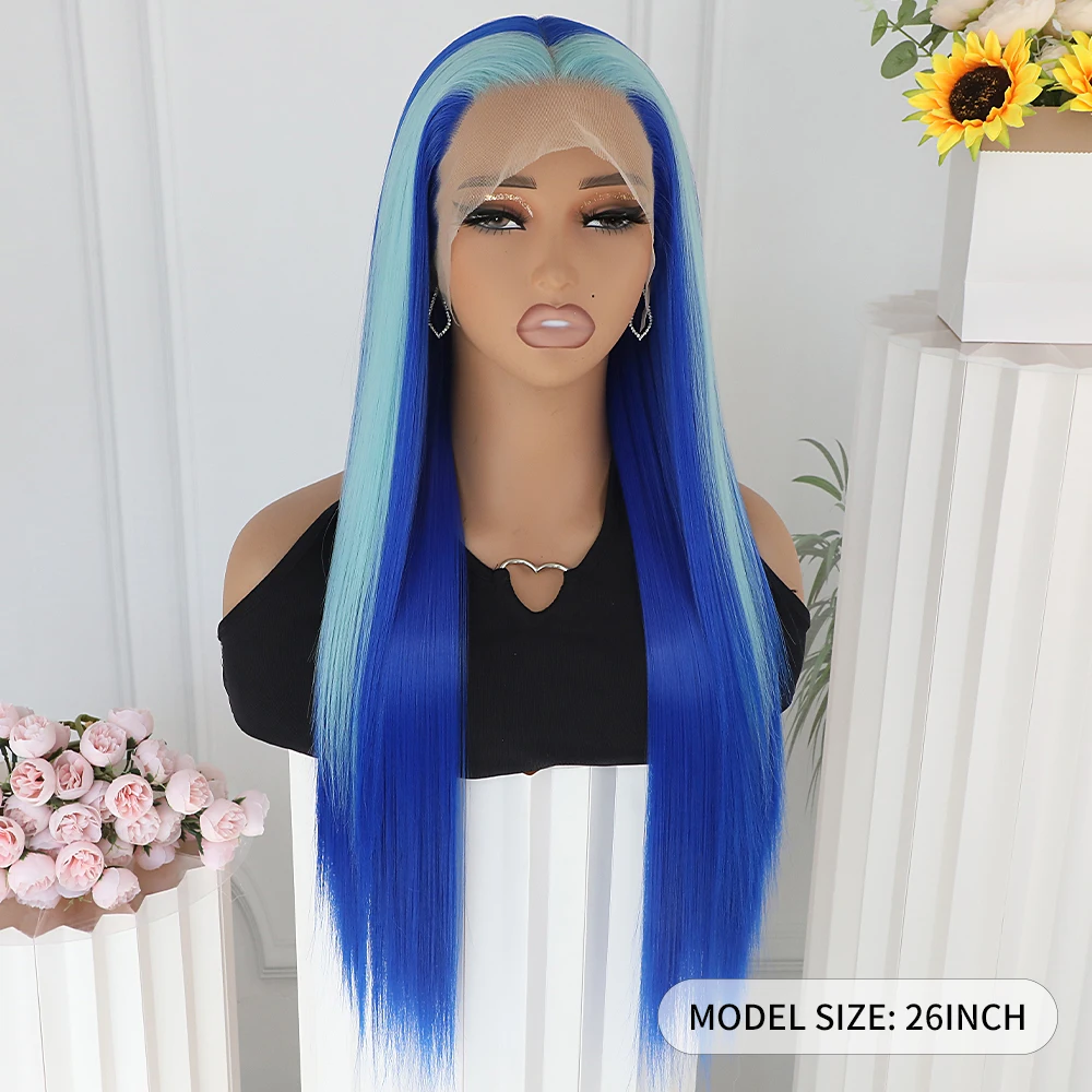 Blue Skunk Stripe Synthetic Lace Front Wig 13x4 Light Blue Highlights Streaks Lace Front Wigs Long Straight Hair Pre Plucked Wig