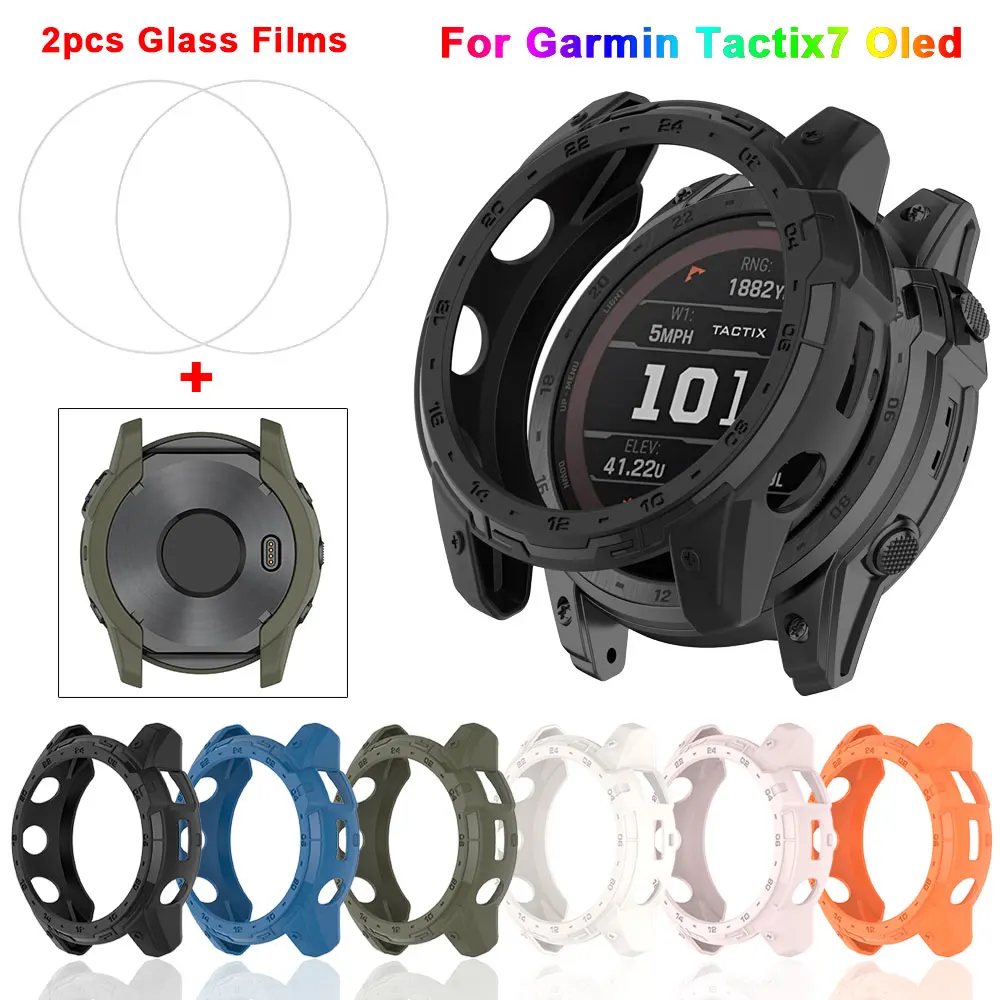 TPU Silicone Case + Tempered Glass Films For Garmin Tactix 7 Oled Protective Cover Shell Screen Protector Smartwatch Accessory