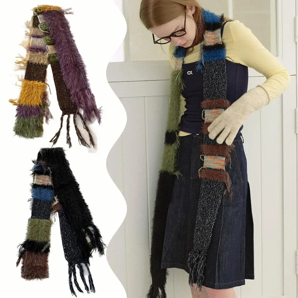 

Шарф женский вязаный нерегулярный шарф с кисточками пушистый длинный полосатый женский шарф зимний многоцелевой шарф в полоску с цветными блоками