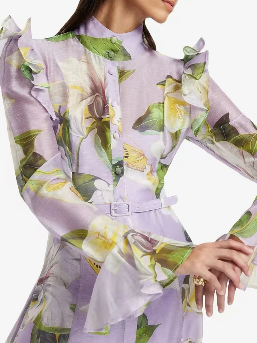 Twotwinstyle impressão emendado babados vestidos casuais para mulheres gola mangas compridas retalhos cinto moda vestido feminino novo