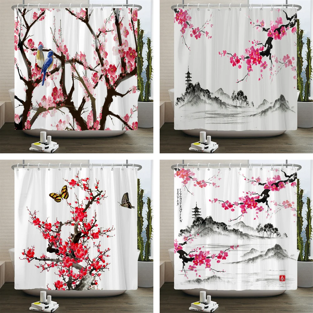 

Plum Blossom Flowers Shower Curtain Printed Modern Chinese Minimalist Polyster Fabric Home Decor Bathroom Curtain with Hooks