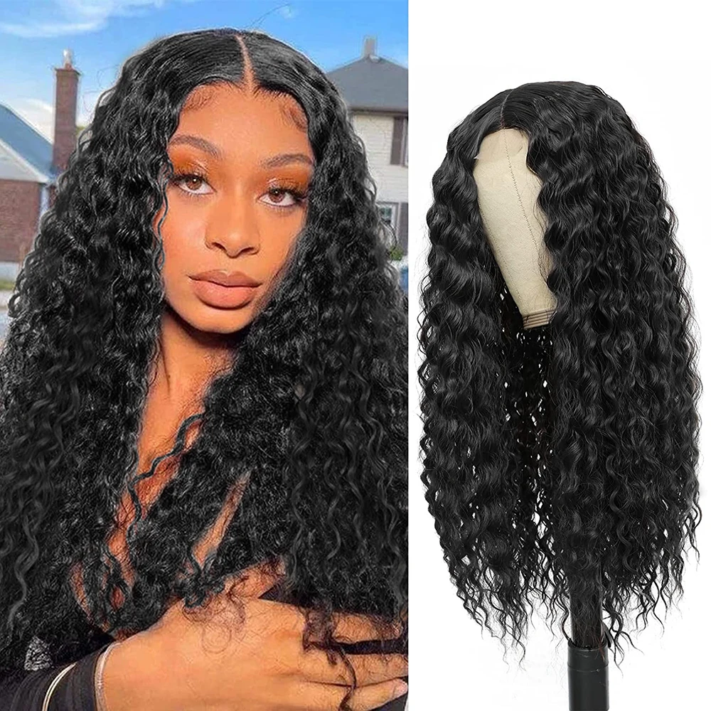 Cheap 24 Inch Afro Kinky Curly Wig Synthetic Pre Plucked Natural Hair Lace Front WigsDaily Party Cosplay For Woman