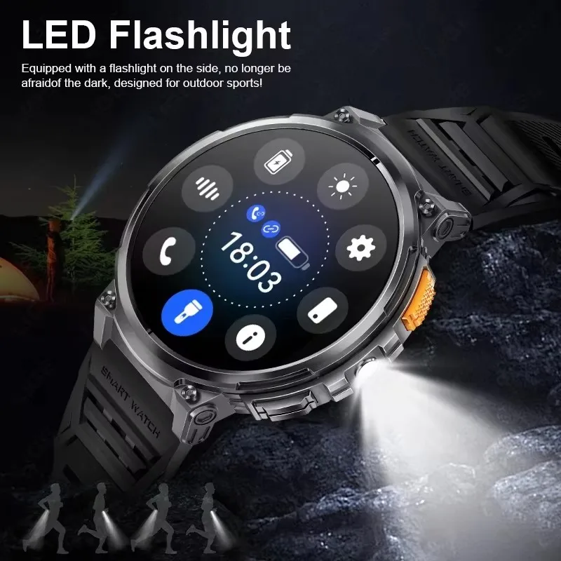 New 1.85'' Screen Outdoor Sport Smartwatch Men Heart Rate Flashlight Watch 730mAh Battery Waterproof Wireless Call Smart Watch