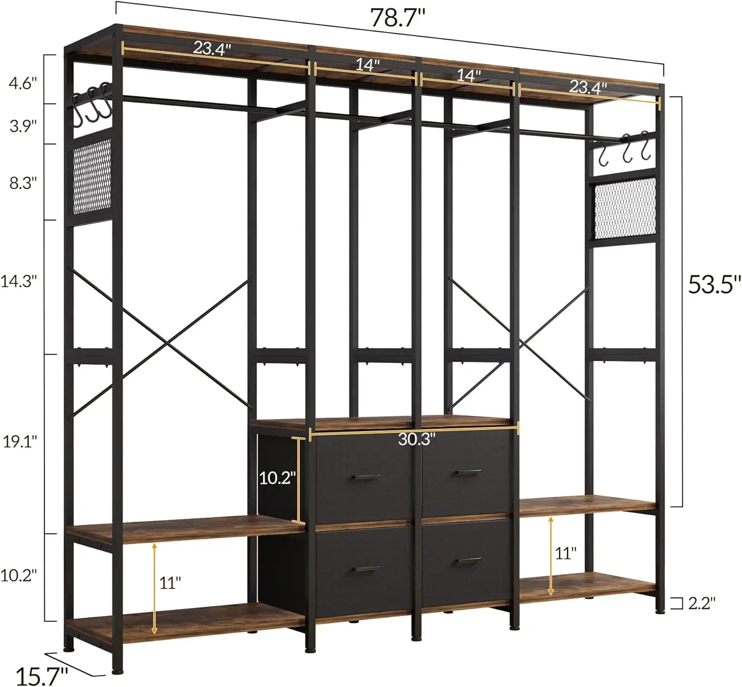 Karl Home อิสระ Closet Organizer 4 ลิ้นชักผ้า,Heavy Duty ราวแขวนเสื้อผ้าไม้แขวนแท่ง,ฟรี