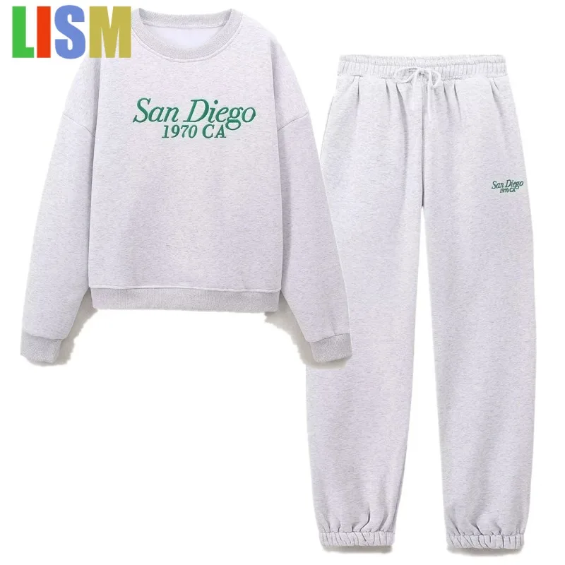 

LISM зимний женский наряд в американском стиле ретро в студенческом стиле с круглым вырезом и принтом букв, плюшевый свитшот и брюки, комплекты из двух предметов