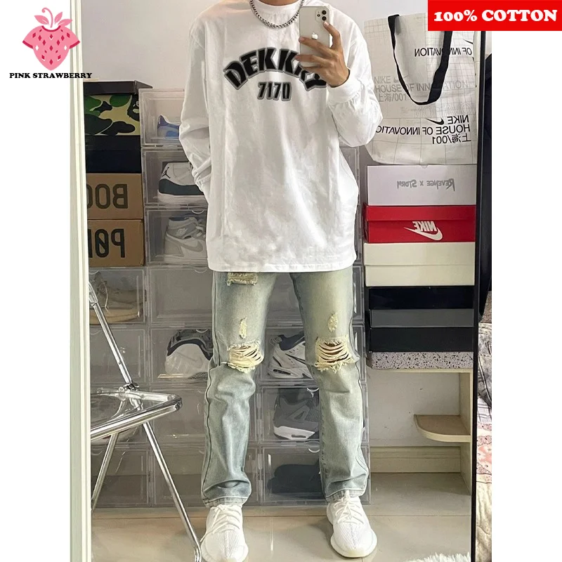 

ins American Letter Print T-shirt Men Autumn Winter 2025 New White Long sleeved Sport T-shirt Casual Loose Y2k Top Men clothing
