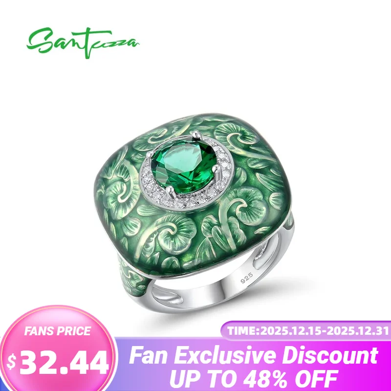 

SANTUZZA Pure 925 Sterling Silver Rings For Women Sparkling Green Glass White CZ Square Ring Edgy Fine Jewelry Handmade Enamel