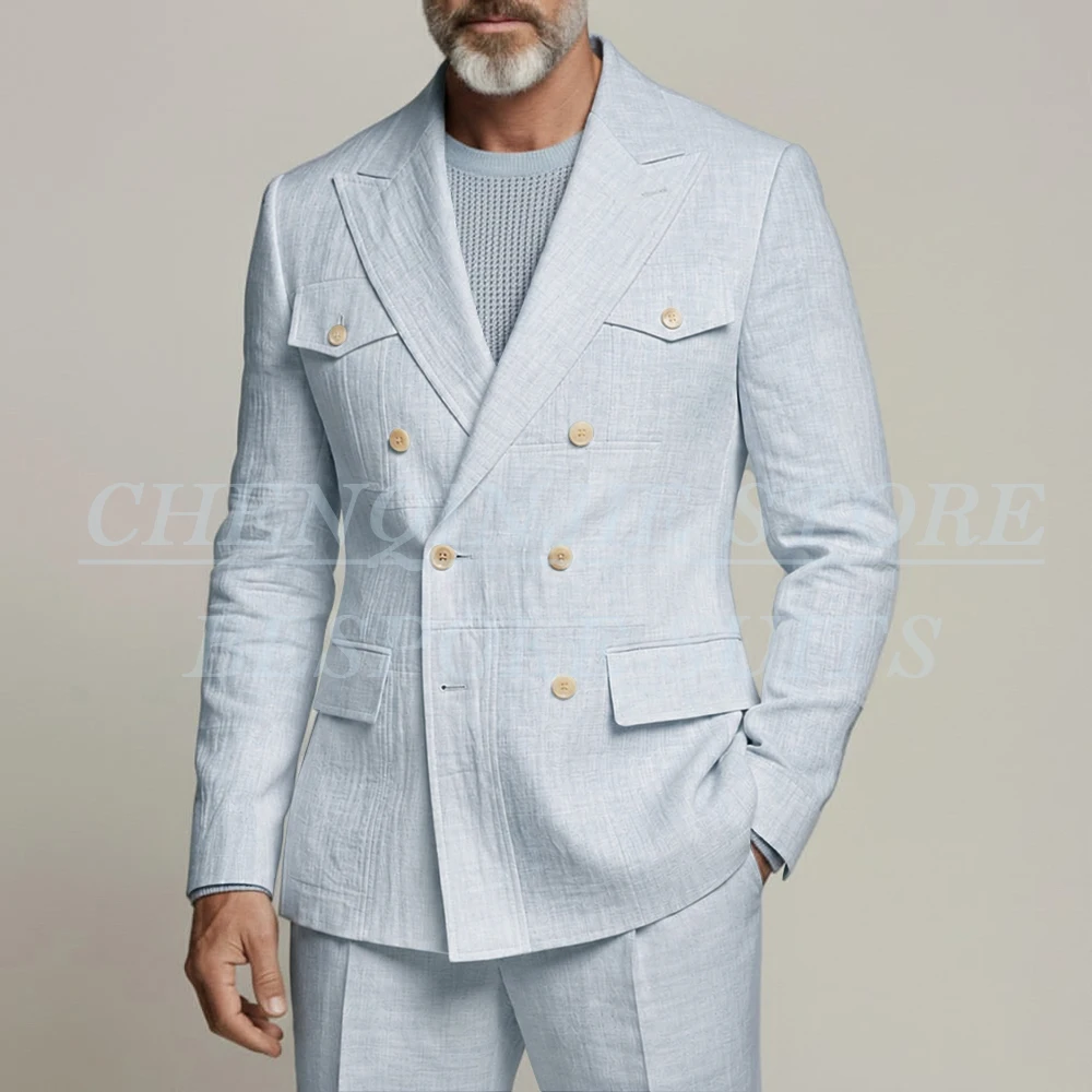 

Summer Linen Men's Suits Elegant Double Breasted Vintage 2 Piece Jacket Pants Sets High Quality Male Clothing Terno