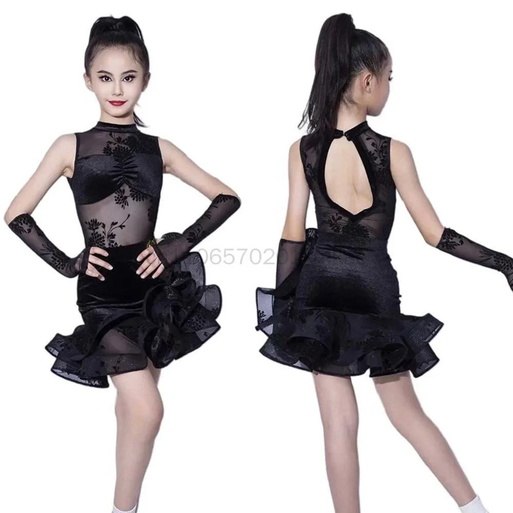 

Детское платье для латинских танцев, американское платье, тренировочная верхняя юбка с кружевными рюшами для девочек-цветочниц, ча-ча-самба, танго, тренировочная одежда для бальных танцев