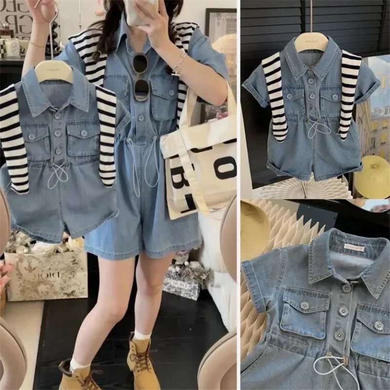 Family Matching Clothes Summer Denim Korean Mother Daughter Clothes Family Look Mother Kids Jumpsuits Mom Girl Boy Overalls