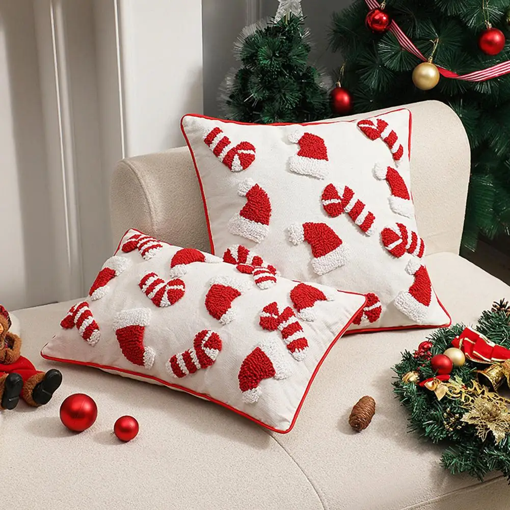 Christmas Throw Pillow Cover Festive Santa Hat Cane Throw Pillowcase for New Year Party for Bedroom