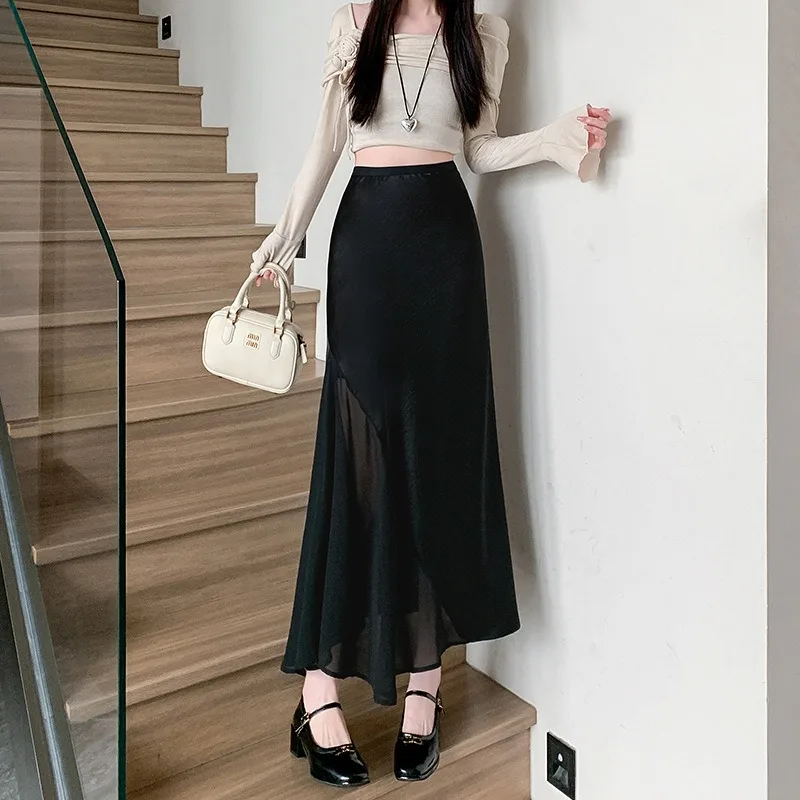 Solide Satin Seide Rock Gespleißt Mesh Frauen Hohe Taille Trompete Meerjungfrau Sommer Langen Rock Elegante Damen Büro Dame Midi Frühling