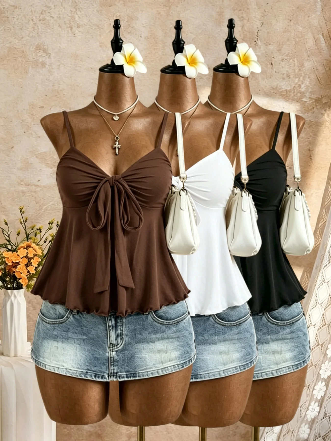 3 Pack Multi-color Women Thin Spaghetti Strap V Neck Front Self Tie Ruffle Hem Flared Peplum Camisole 2026 Summer Y2K Solid Slee