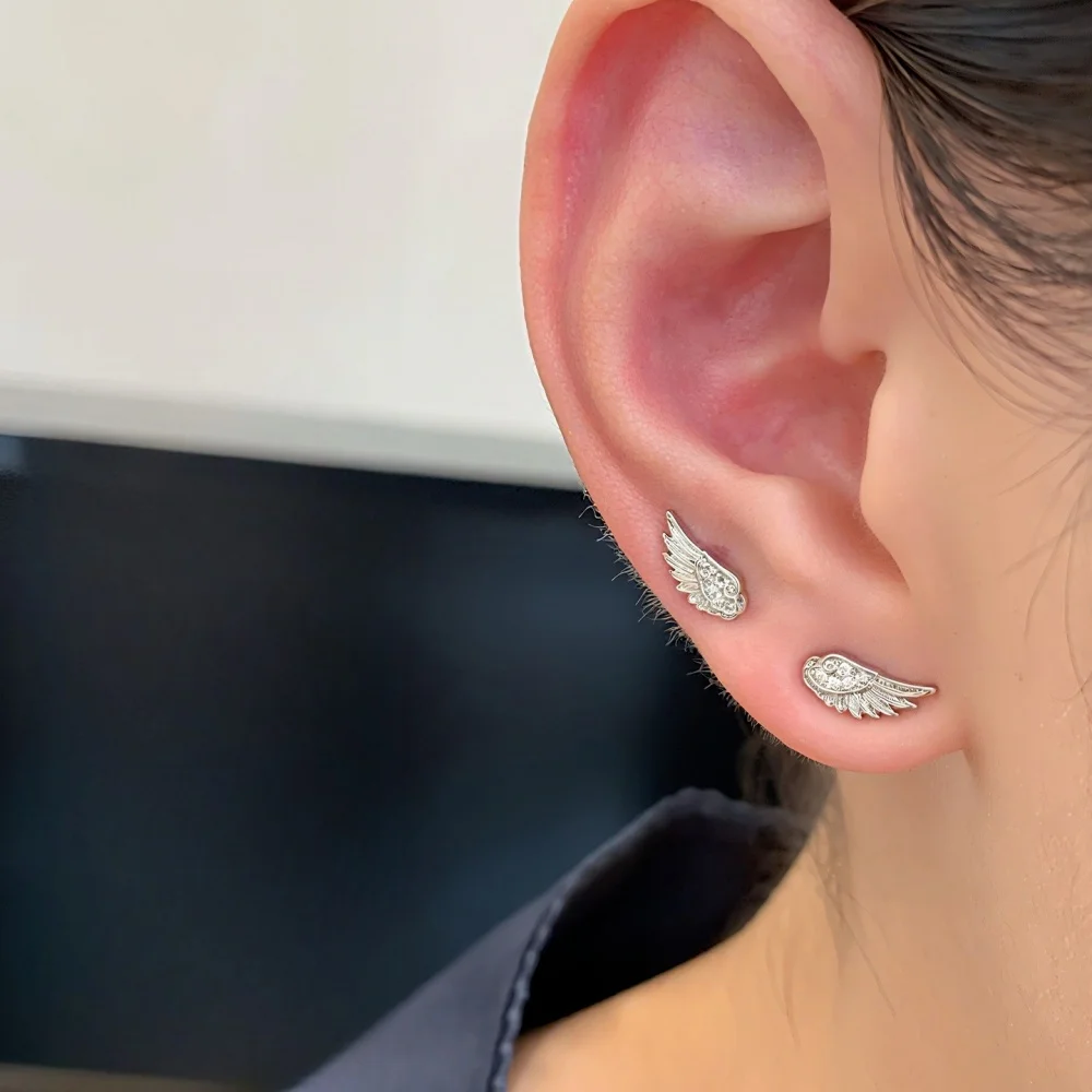 Edelstahl Mode Zirkon Flügel Ohrstecker für Frauen Männer Silberfarben Glänzende Kristall Kreative Engelsflügel Ohrstecker Schmuck – Detail 6