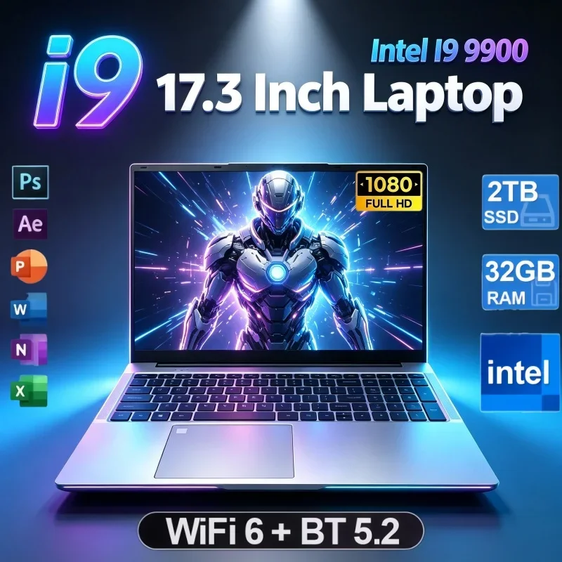 17.3 Inch Full‑Size Display Laptop Win11 Intel I9‑9900 32GB RAM 2TB SSD Fingerprint Unlock Computer For Office Gaming Study