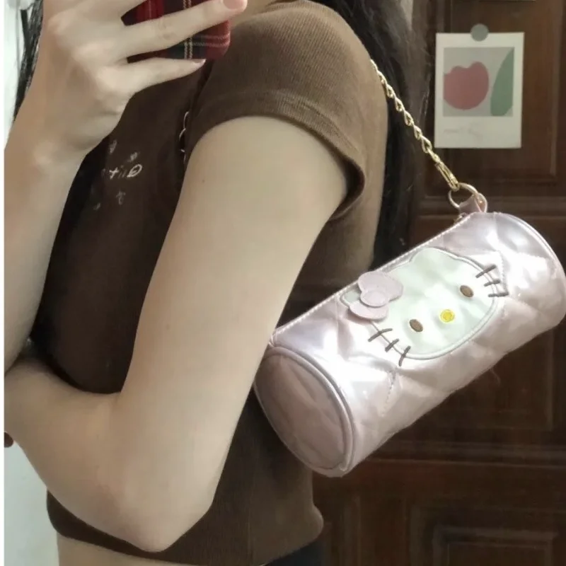 Sanrio Pink Cute Shoulder Bag for Women Y2k Hello Kitty Embroidery Elegant Handbag Chain Kawaii Casual Barrel-shaped Armpit Bag