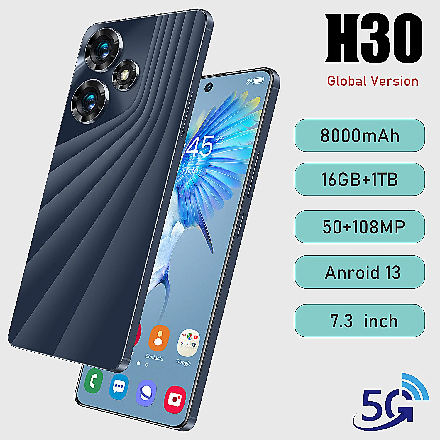 

Original H30 5G Smartphone Face Unlock 7.3 Inch 16GB+1TB 8000mAh 50MP+108MP Dual SIM Dual Standby Android 13 Mobile Phone