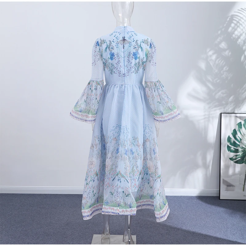 Elegant Floral Printed Women's Dress Stand Collar Full Puff Sleeve A-line Long Dresses 2026 Summer Vacation Party Lady Robes