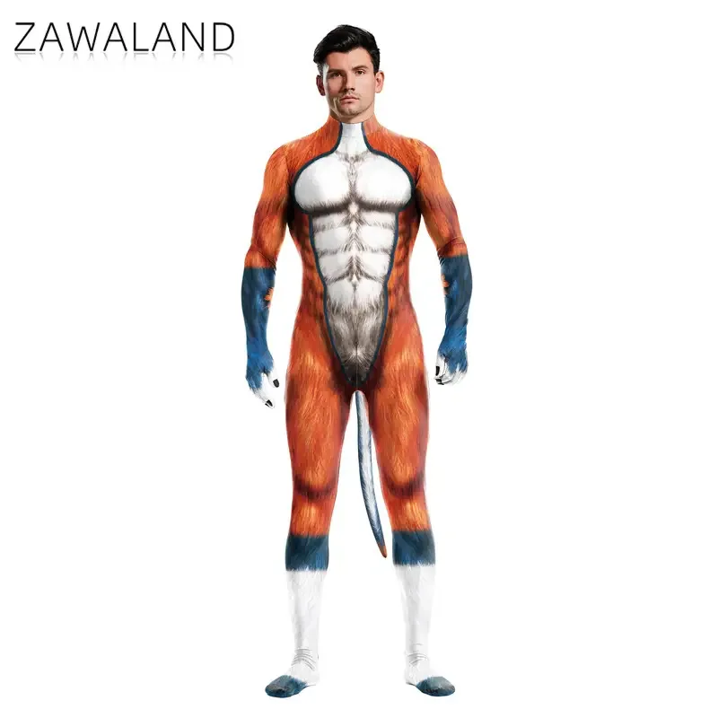Zawaland ملابس داخلية للهالوين Zentai مع ذيل الحيوان أجش الثعلب الذئب مطبوعة Catsuit ازياء غطاء كامل البدلة تأثيري Petsuit
