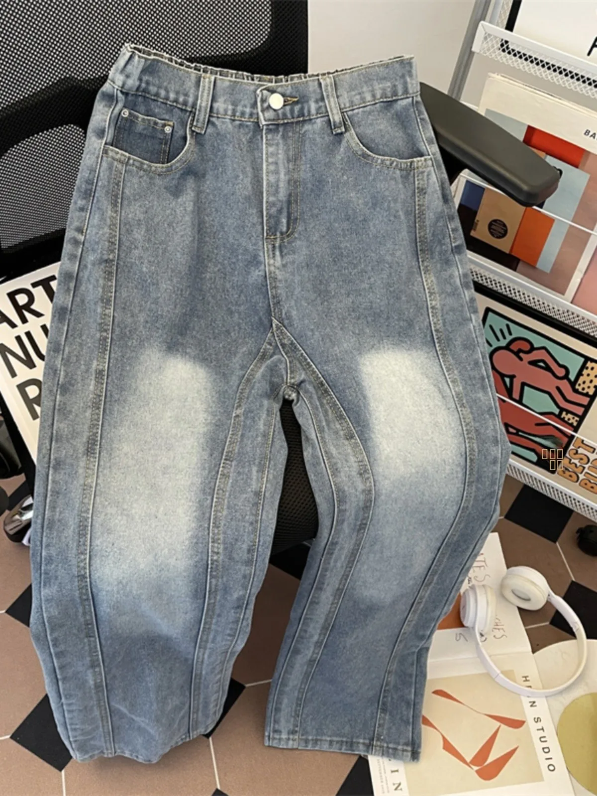 

Retro Spliced Loose Fit Men's Jeans American High Street Style Autumn Winter Trendy Casual Wide Leg Long Pants