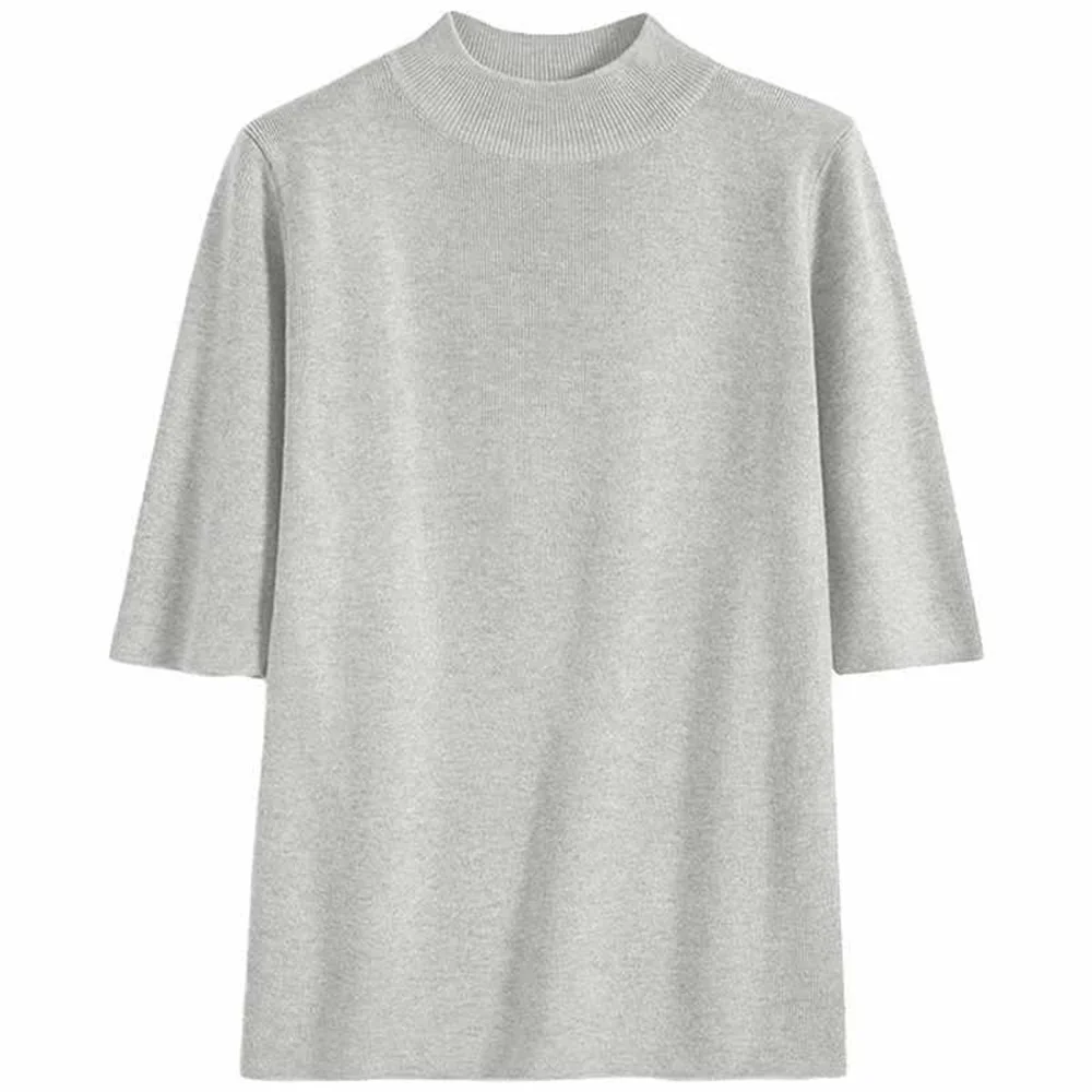 2025 Mezzo dolcevita Basic Solid Thin Pullover estivo da donna Maglione lavorato a maglia femminile Slim manica corta Maglione aderente Pullover