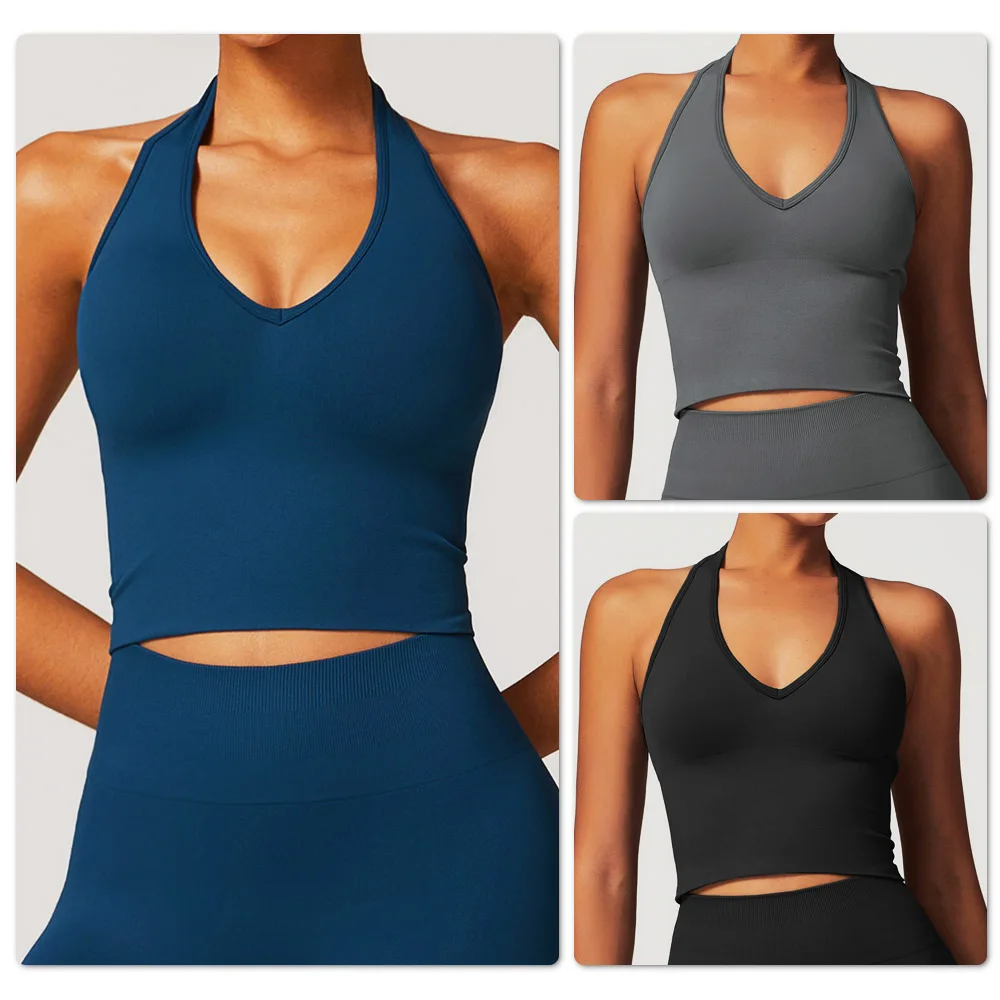 

Breathable Halter Neck Backless Yoga Bra, Seamless Sports Bra for Women, Summer Anti-shock Fitness Top